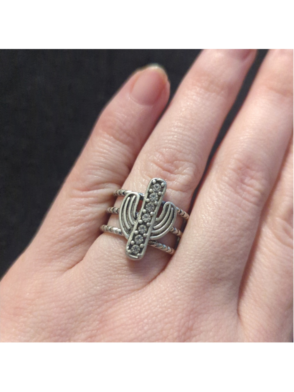 Wrangler Silver Tone Clear Rhinestone Cactus Statement Ring - size 8